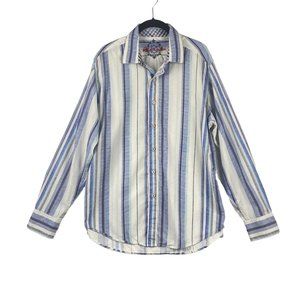 Robert Graham Shirt Mens L Blue White Stripe Contrast Trim Flip Cuff Button Up‎